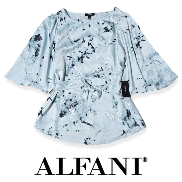 Alfani Tops - ✨️4/$20. NWT ALFANI Floral Printed Tie-Front Satin Butterfly Sleeve Blouse, S